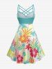 Hibiscus Flower Leaf Coral Turtle Dolphin Print Hawaii Ruched Crisscross Strappy A Line Dress -  
