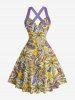 Robe trapèze Hawaii à imprimé fleur de cocotier et paisley, halter à bretelles entrecroisées - Pourpre  M