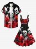 Robe débardeur Hawaii imprimé crânes, roses et fleurs (bretelles réglables) - Rouge Vineux 3X