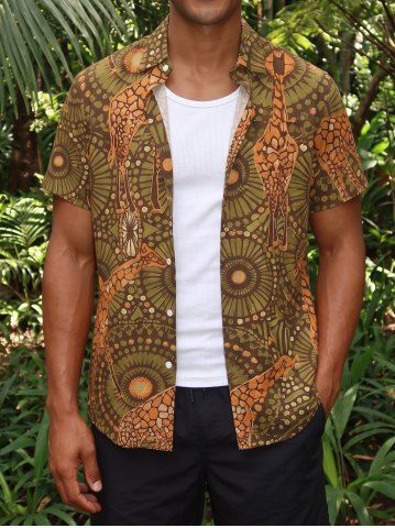 Chemise hawaïenne pour homme à imprimé girafe, ethnique et floral, avec boutons et poche