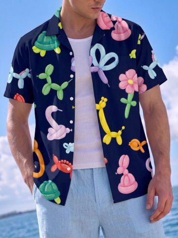 Chemise hawaïenne pour homme à imprimé balloon flower et animaux, avec boutons et poche - DEEP BLUE - S
