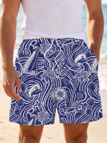 Coconut Tree Shell Navy Cap Anchor Sea Waves Print Hawaii Cruise Drawstring Beach Shorts For Men - BLUE - M