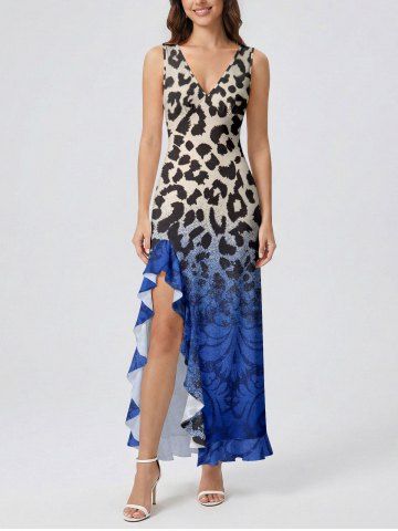 Robe fendue à imprimé léopard ombré et volants Hawaii - BLUE - XXXL