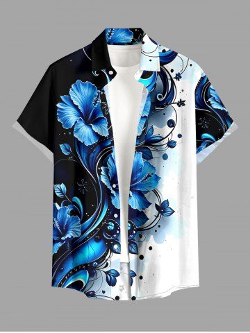 Chemise hawaïenne à imprimé fleur d'hibiscus et branche courbe, avec boutons et poche, pour homme. - BLUE - 5XL