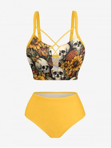 Skulls Flowers Leaf Print Lace Up Panel Hawaii Tankini Swimsuit - DEEP YELLOW - XS