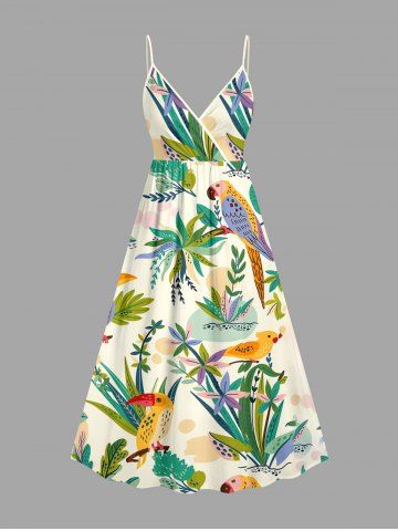 Tropical Leaf Plant Parrot Print Hawaii A Line Dress - LIGHT COFFEE - XS
