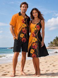 Tenue de plage hawaïenne assortie à imprimé fleurs colorblock pour couples - Orange 