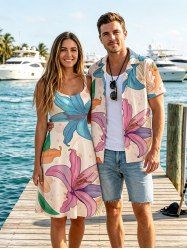 Ensemble de plage hawaïen assorti pour couples - Imprimé feuilles de lys - Abricot 