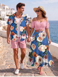 Tenue de plage hawaïenne assortie pour couples avec imprimé feuilles et fleurs - Rose clair 