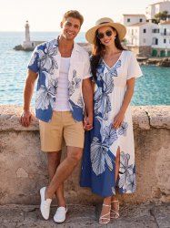 Flower Leaf Print Matching Hawaii Beach Outfit For Couples -  