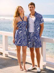 Coconut Tree Shell Navy Cap Anchor Sea Waves Print Matching Hawaii Cruise Beach Outfit For Couples -  