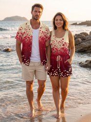 Matching Hawaii Shirt and Romper Beach Outfit Flower Blossom Print For Couples -  