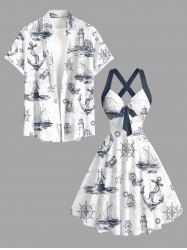Tenue assortie pour couple - Hawaii Beach - Imprimé croisière avec bateau, safran, ancre, phare - Blanc 