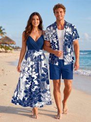 Tenue de plage hawaïenne assortie imprimé fleurs pour couple - Bleu profond 