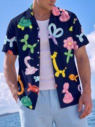 Balloon Flower Animals Print Buttons Pocket Hawaii Shirt For Men -  