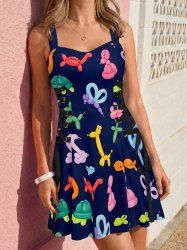 Robe débardeur Hawaii à lacets, imprimé animaux Fleur ballon - Bleu profond S