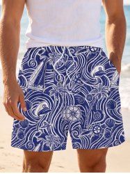 Coconut Tree Shell Navy Cap Anchor Sea Waves Print Hawaii Cruise Drawstring Beach Shorts For Men -  