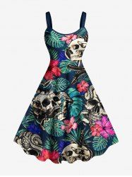 Robe débardeur Hawaii à imprimé crânes, serpent, fleur d'hibiscus et feuilles tropicales (bretelles ajustables) - Turquoise Foncée 3X