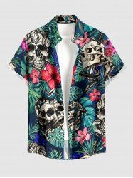 Chemise hawaïenne pour hommes à imprimé crânes, serpent, fleur d'hibiscus et feuilles tropicales, avec boutons et poche - Turquoise Foncée L
