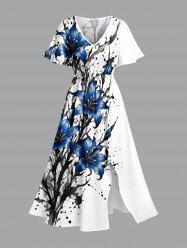 Robe midi Hawaii à imprimé fleurs et éclaboussures de peinture avec fente - Bleu profond XXS