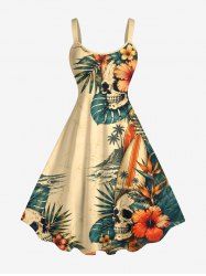 Robe débardeur Hawaï à imprimé crânes, fleur d'hibiscus et feuilles tropicales (bretelles réglables) - café lumière 3X