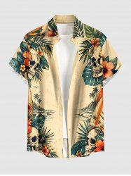 Chemise hawaïenne pour homme avec imprimé crânes, fleur d'hibiscus et feuilles tropicales, poche boutonnée - café lumière 5XL