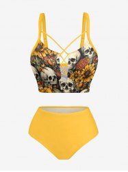 Skulls Flowers Leaf Print Lace Up Panel Hawaii Tankini Swimsuit -  