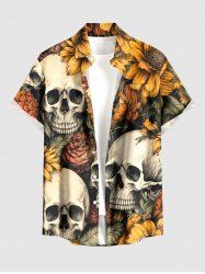 Skulls Flowers Leaf Print Buttons Pocket Hawaii Shirt For Men - Deep Yellow 6XL