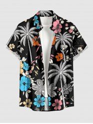 Chemise hawaïenne à boutons et poche, imprimé fleurs et feuilles de cocotier, pour homme - Noir 6XL