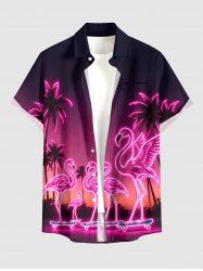Chemise hawaïenne pour homme à boutons et poche, motif néon cocotier flamant skateboard dégradé galaxie - Violacé rouge L