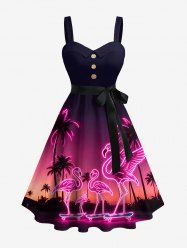 Neon Coconut Tree Flamingo Skateboard Ombre Galaxy Print Hawaii Button A Line Dress with Removable Belt -  