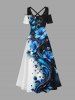 Robe trapèze Hawaii imprimé hibiscus et branches courbes, épaules dénudées, brides croisées - Bleu 6X