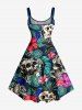 Robe débardeur Hawaii à imprimé crânes, serpent, fleur d'hibiscus et feuilles tropicales (bretelles ajustables) - Turquoise Foncée 3X