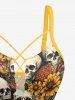 Skulls Flowers Leaf Print Lace Up Panel Hawaii Tankini Swimsuit -  