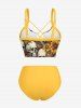 Maillot de bain tankini Hawaii à imprimé crânes, fleurs et feuilles avec panneau à lacets - Deep Yellow XXS