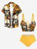 Skulls Flowers Leaf Print Lace Up Panel Hawaii Tankini Swimsuit -  