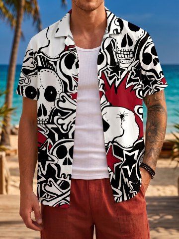 Chemise hawaiienne pour homme à imprimé crânes et étoiles, avec boutons et poche - CHERRY RED - XL