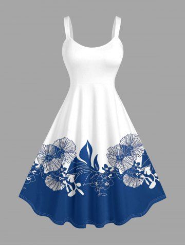 Robe débardeur Hawaii à imprimé colorblock fleurs et feuilles (bretelles ajustables) - BLUE - 1X