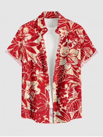 Hibiscus Flowers Tropical Leaf Print Buttons Pocket Hawaii Shirt For Men - RED - L