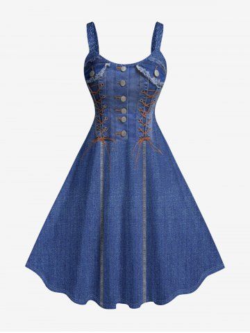 Lace Up Denim 3D Print Hawaii Tank Dress(Adjustable Shoulder Strap) - BLUE - 1X