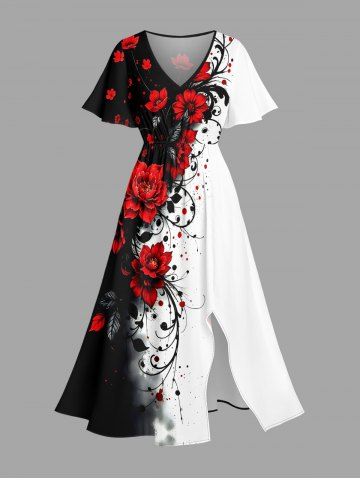 Robe midi A-line à imprimé Hawaii de fleurs, feuilles et branches avec poches à fente - RED - XS