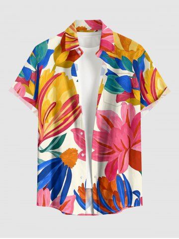Flower Leaf Print Hawaii Button Pocket Shirt For Men - BLUE - L