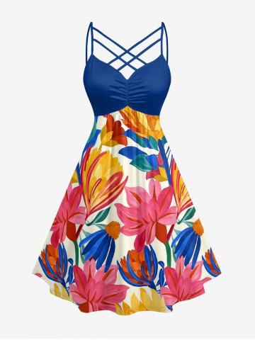 Flower Leaf Print Hawaii Ruched Crisscross Strappy A Line Dress - BLUE - 3X