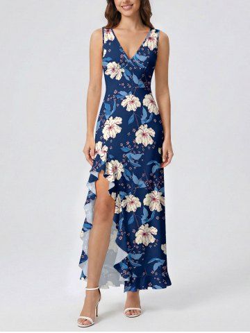 Robe fendue à volants Hawaii à imprimé fleurs et feuilles