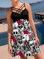 Skulls Star Print Ruched Lattice Crisscross Straps Hawaii Dress -  