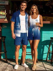 Matching Hawaii Shirt and Romper Beach Outfit Coconut Tree Colorblock Print for Couples -  