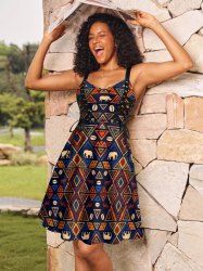 Robe débardeur Hawaï à lacets et œillets, motif animalier éléphant triangle ethnique imprimé - Bleu profond XXS