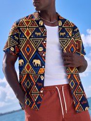 Chemise hawaïenne grande taille pour homme avec imprimé triangle animalier éléphant motif ethnique, boutons et poche - Bleu profond 5XL