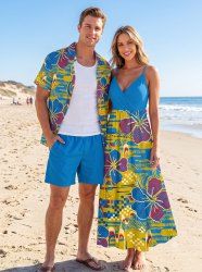 Hibiscus Flower Ethnic Graphic Print Matching Hawaii Beach Outfit For Couples -  