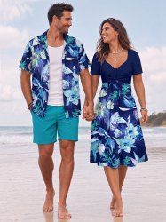 Flowers Leaf Print Matching Hawaii Beach Outfit For Couples -  